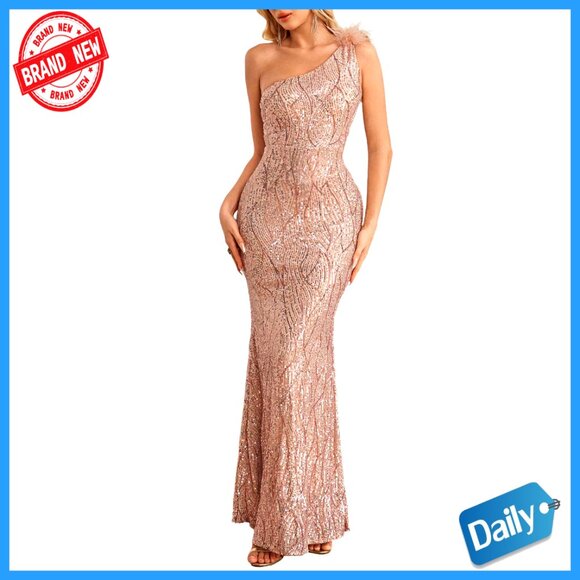 Sequin Mermaid Maxi Dress One Shoulder Formal Evening Gown Elegant Prom